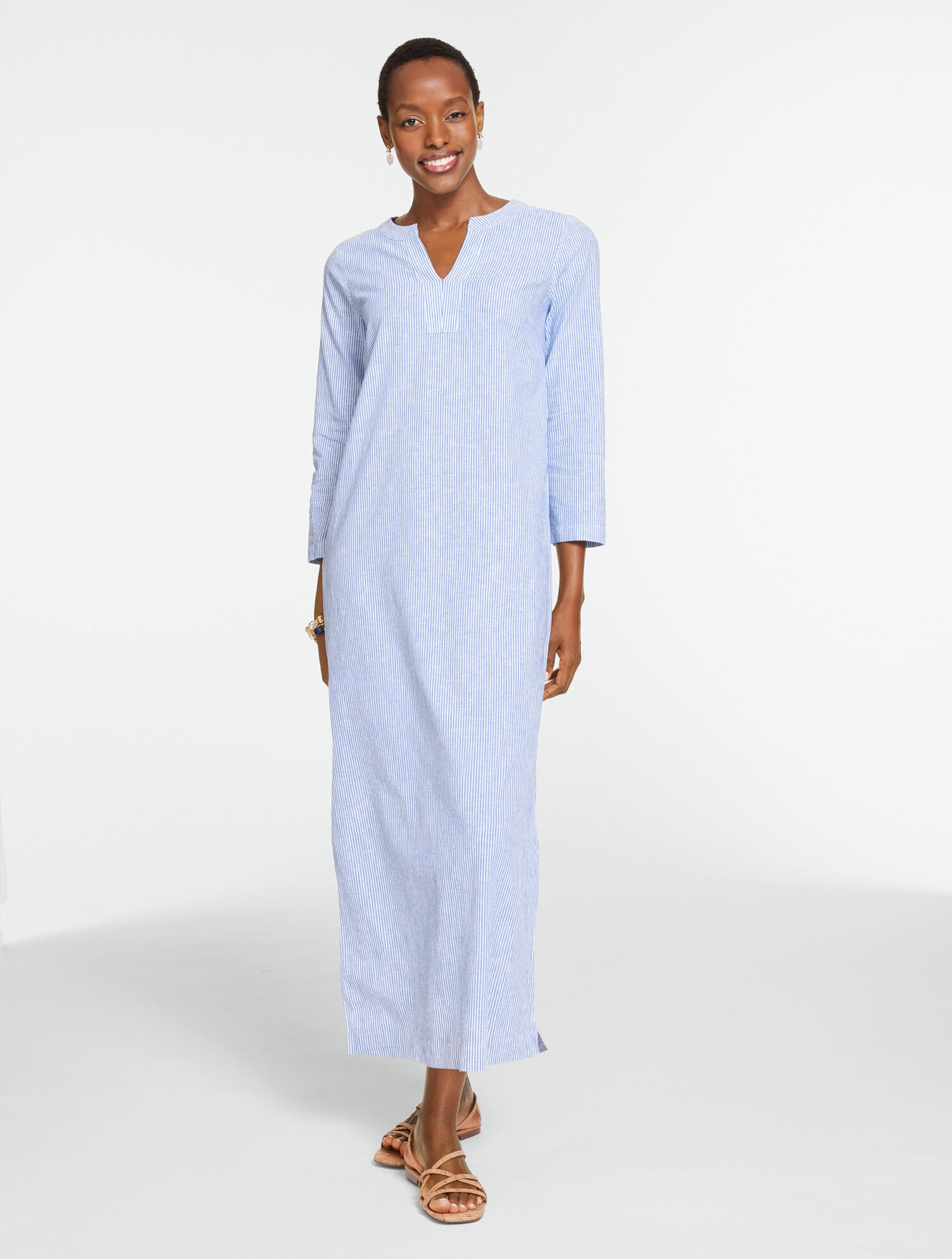 Linen Blend Kaftan Dress - Oyster Stripe
