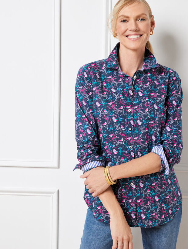 Cotton Button Front Shirt - Festive Cardinals | Talbots