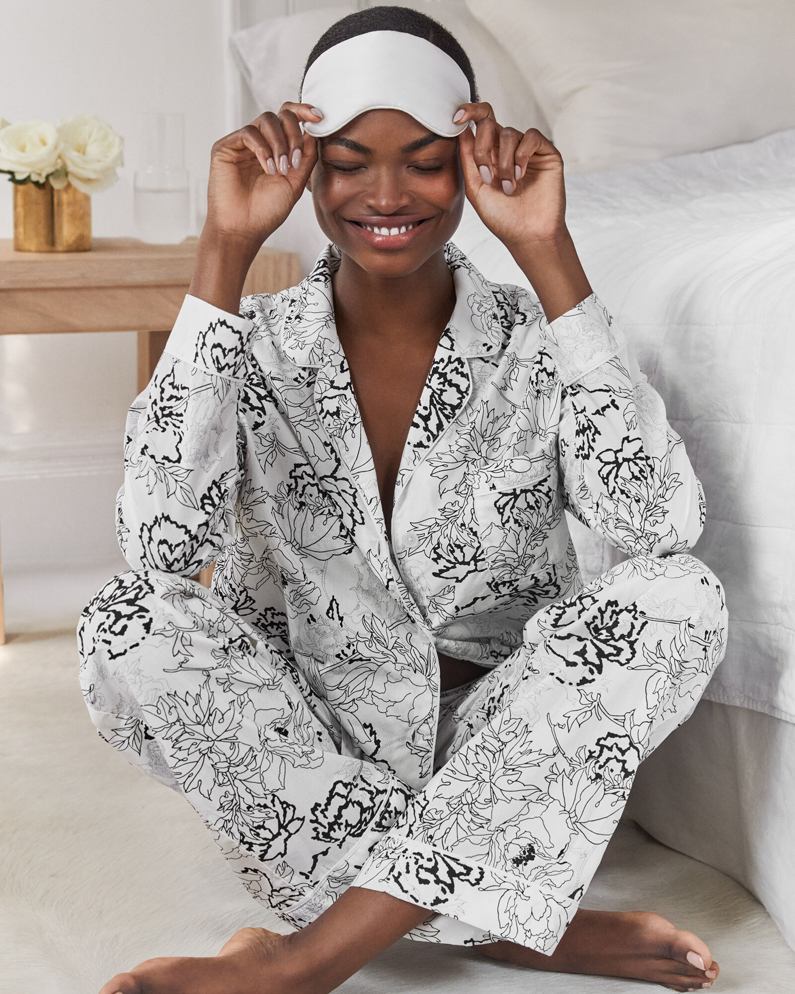 Cotton Poplin Sketched Floral Pajama Pants