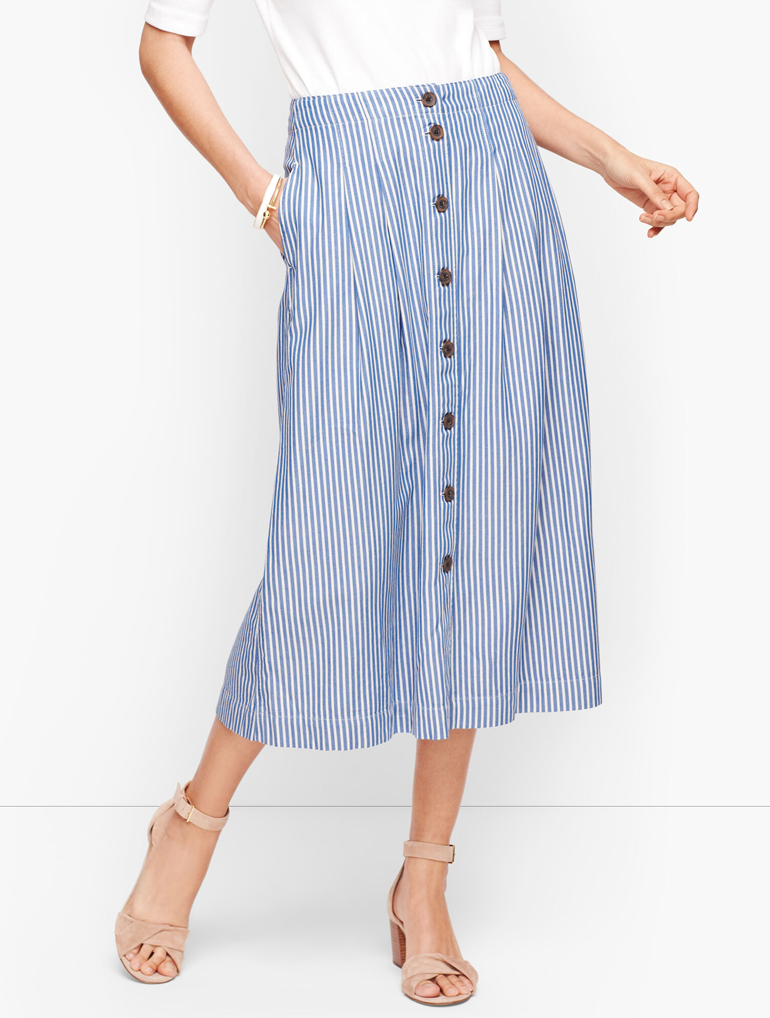 Stripe Button Front Pleated Skirt