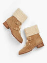 Tish Buckle Faux Sherpa Trim Suede Ankle Boots