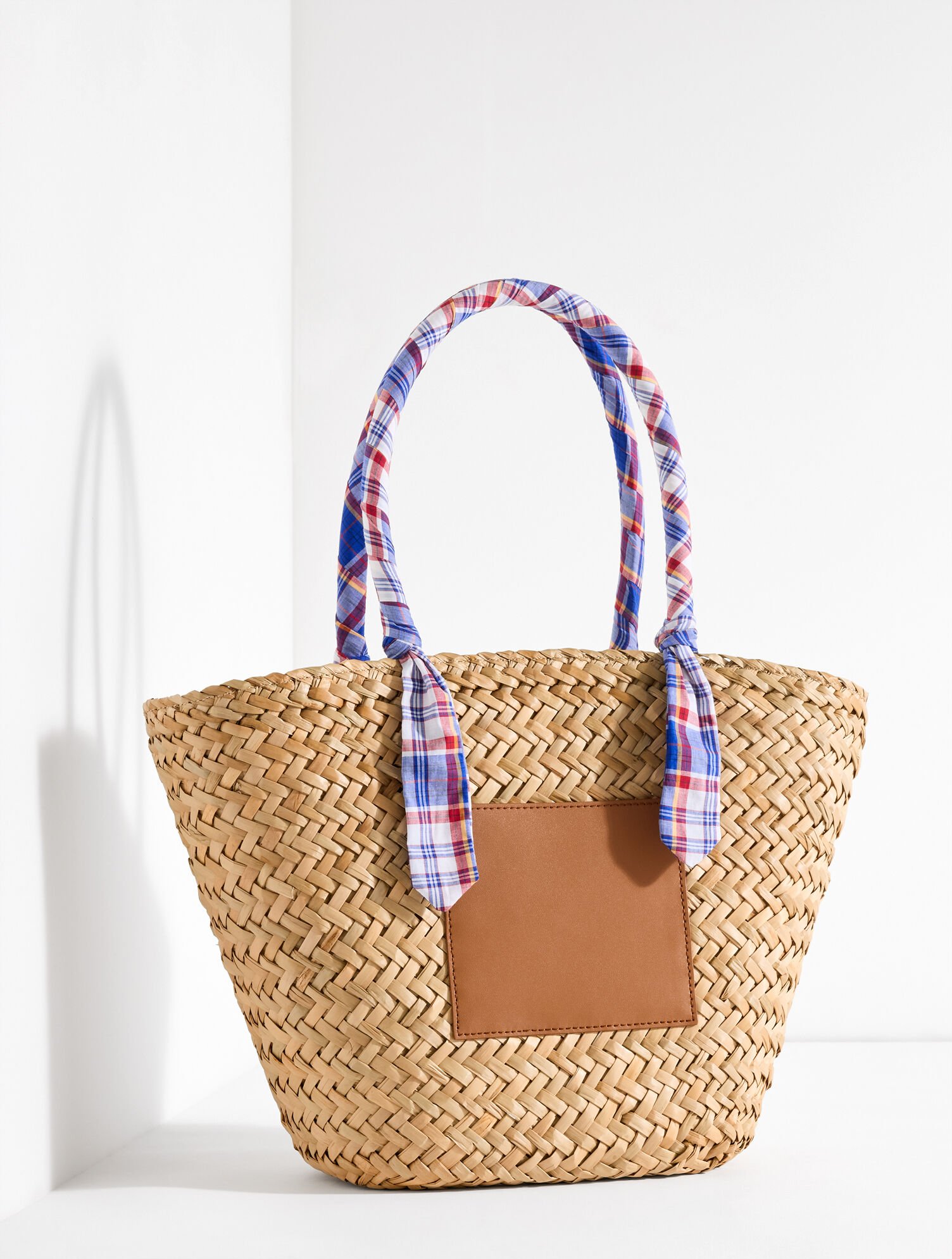 Fresh Madras Scarf Straw Tote