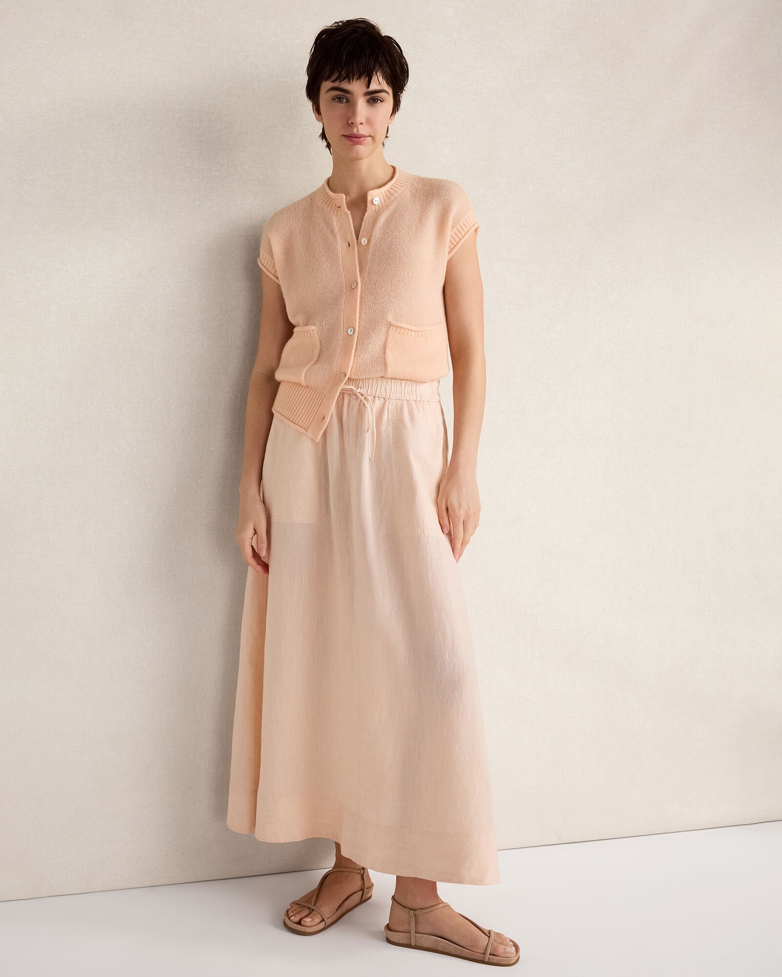 Linen Drawstring Midi Skirt