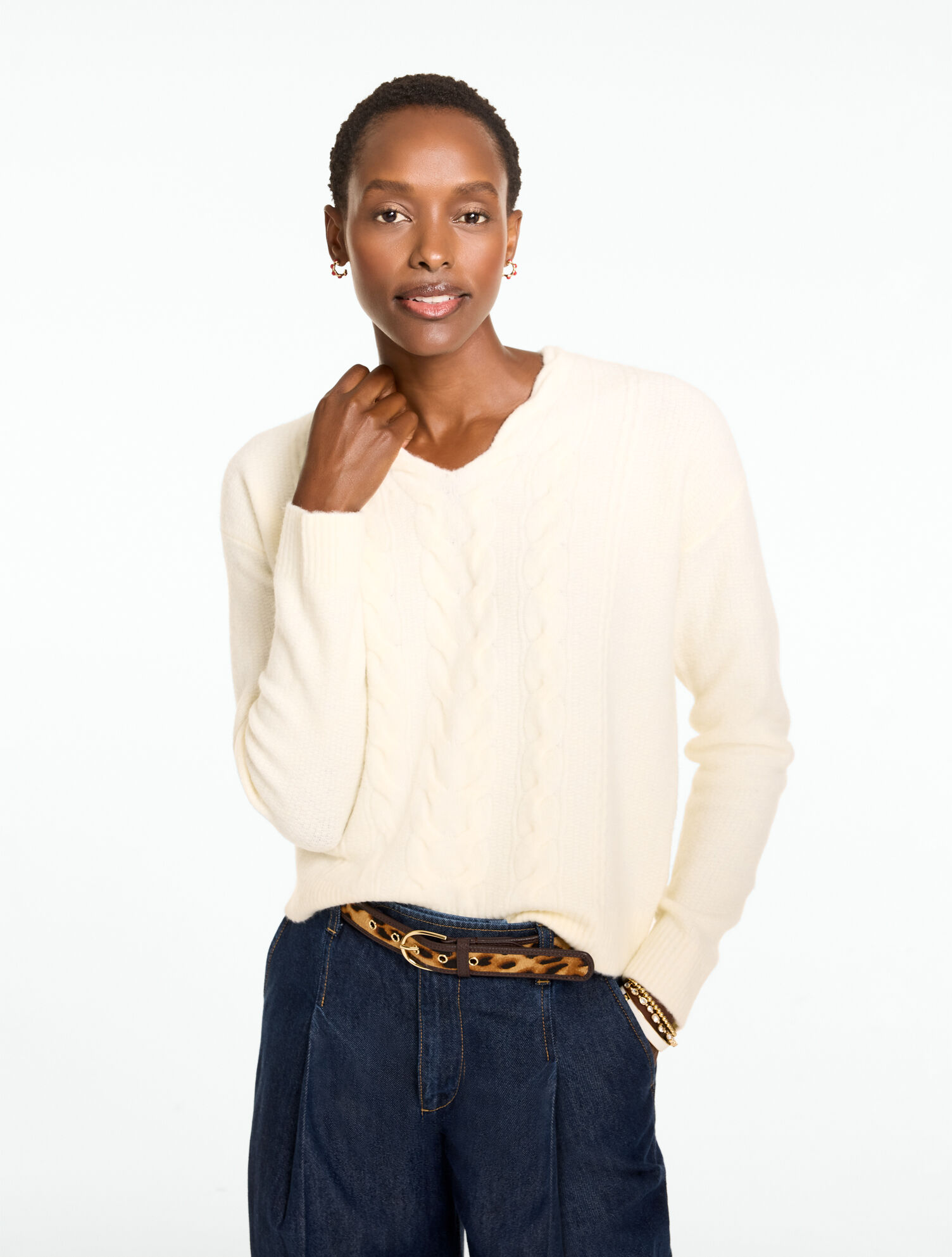 Mixed Cable Knit V-Neck Sweater