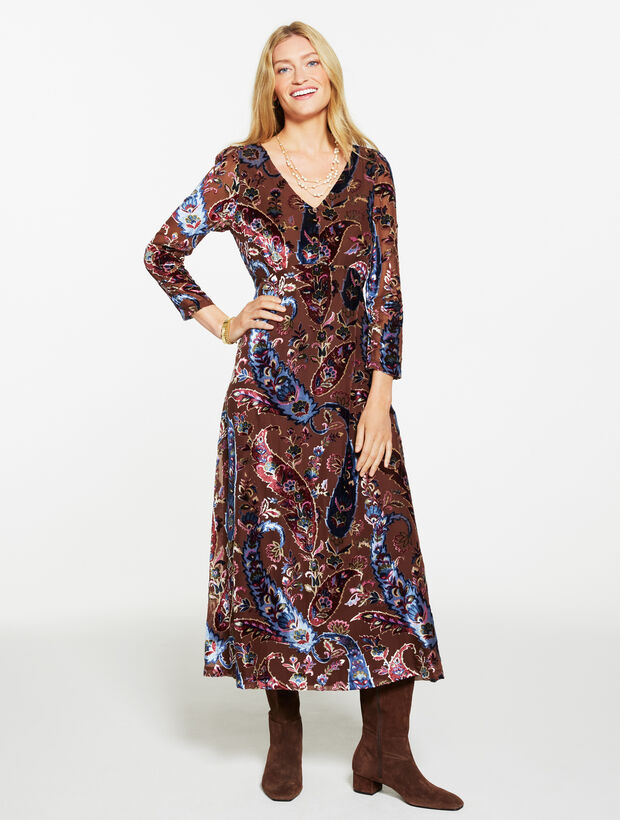 Burnout Velvet Fit &amp; Flare Dress - Floral Paisley