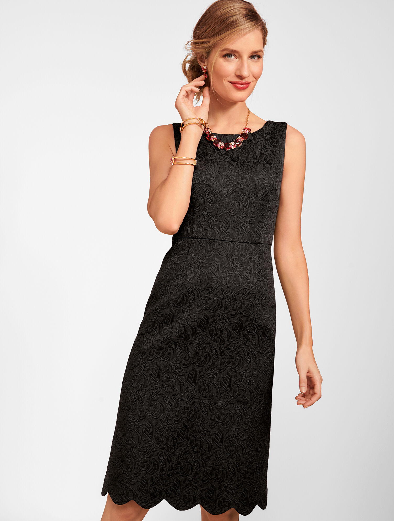 Floral Matelass&eacute; Scalloped-Hem Dress