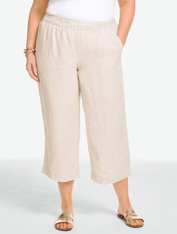 Washed Linen Wide Crop Pull-On Pants - Cross Dye