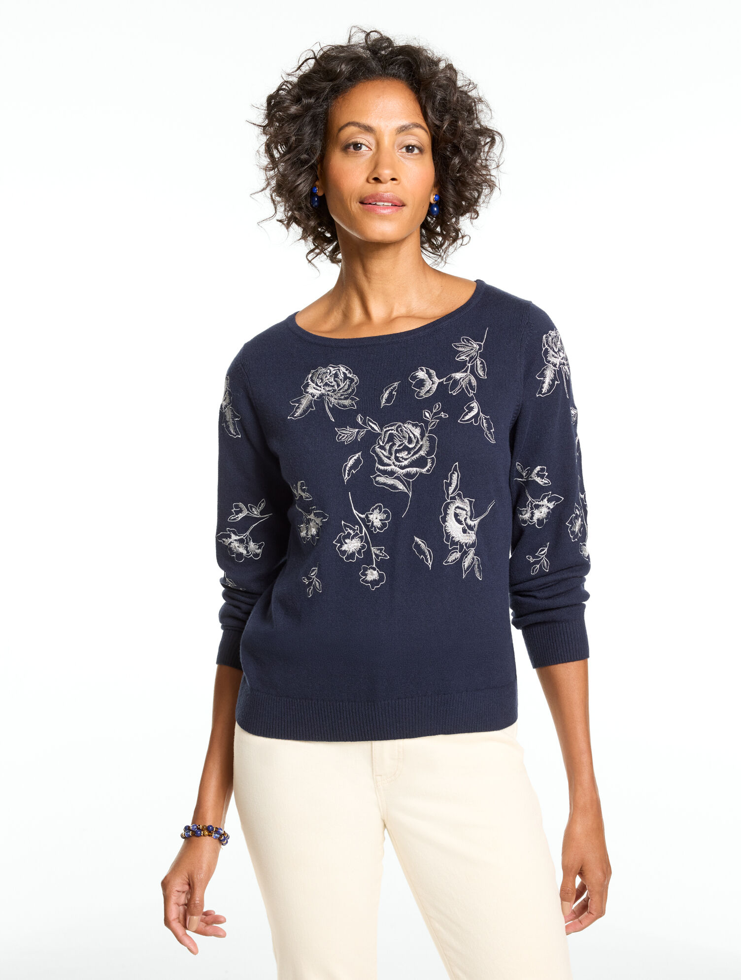 Embroidered Boatneck Pullover - Metallic Roses