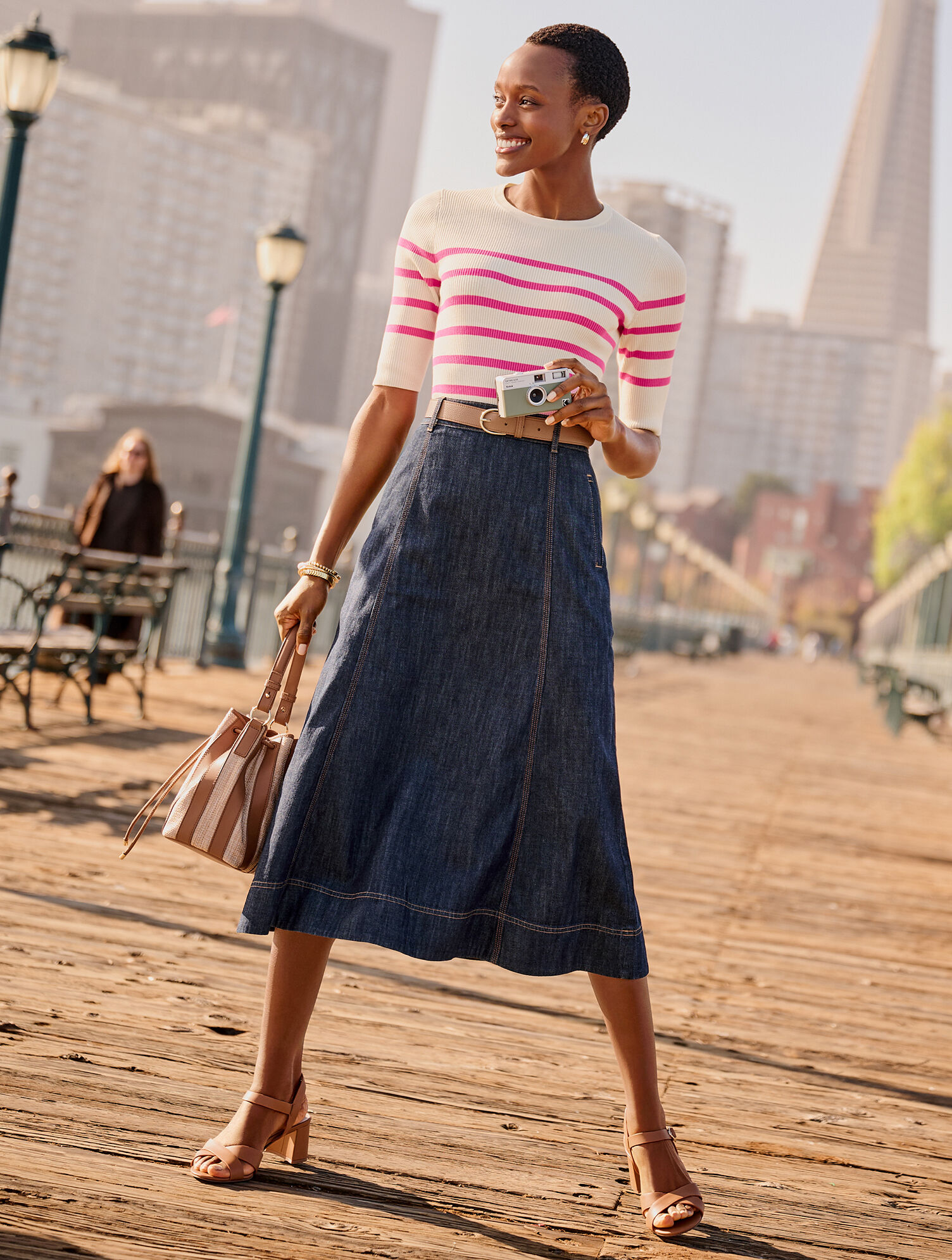 Elbow Sleeve Ribbed Crewneck Sweater - Stripe
