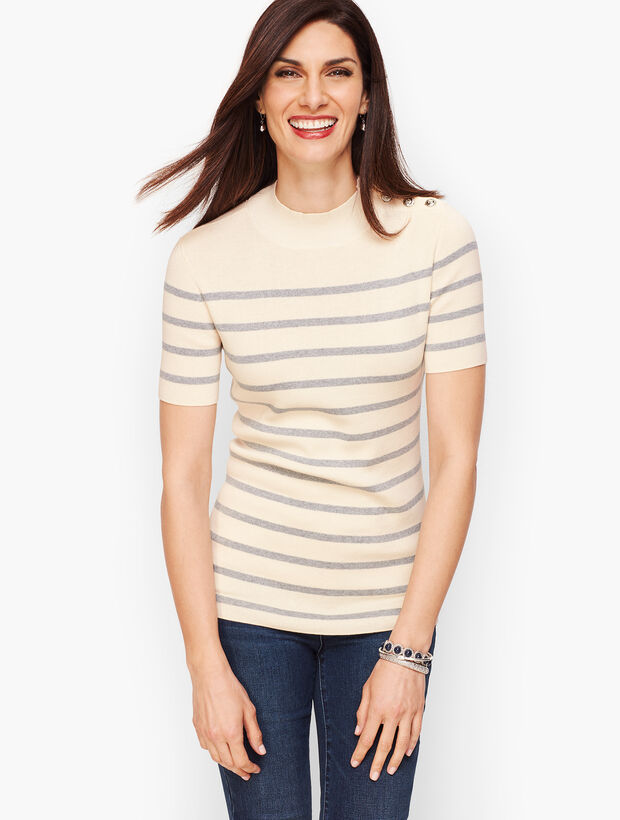 Mockneck Button Shoulder Sweater - Metallic Stripe