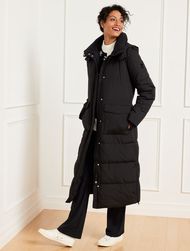 Fleece-Lined Hooded Quilted Long Puffer Coat