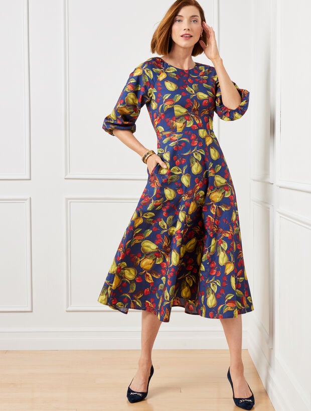 Puff Sleeve Poplin Midi Dress - Painted Fruits | Talbots