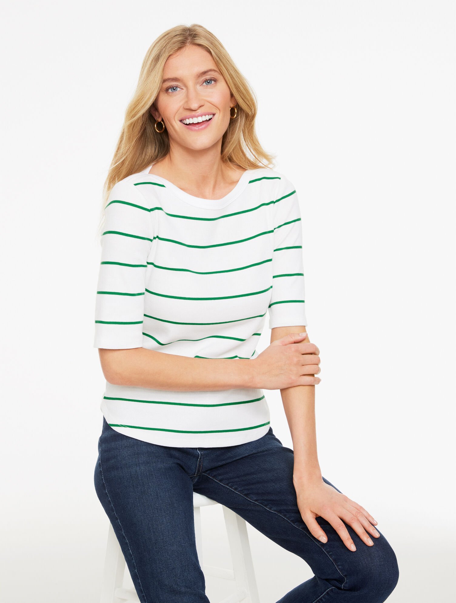 Ribbed Bateau Neck Tee - Lagoon Stripe