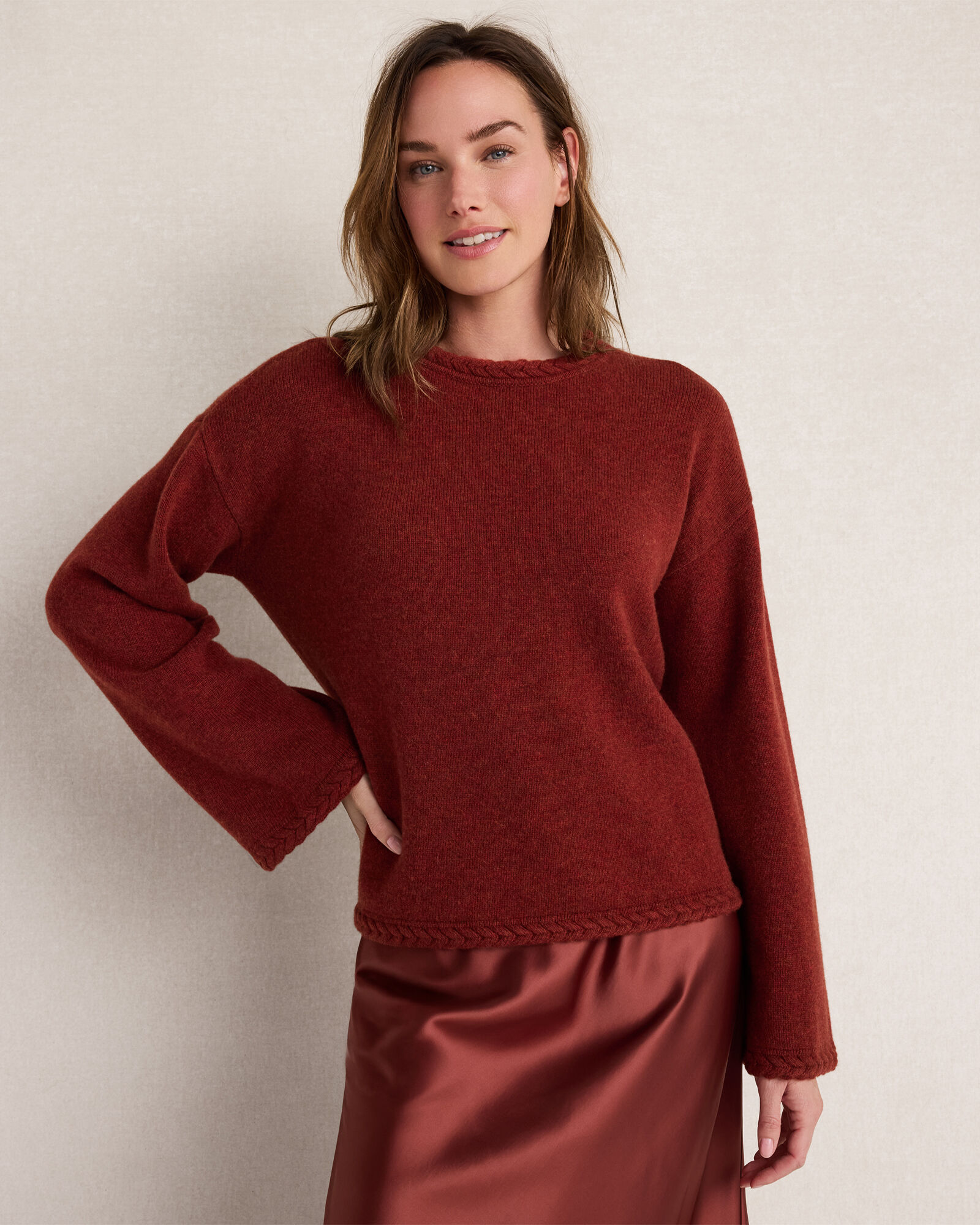 Cashmere Cable Trim Crewneck Sweater