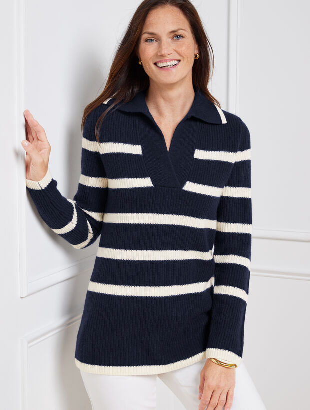 Cashmere Johnny Collar Pullover - Placed Stripe | Talbots