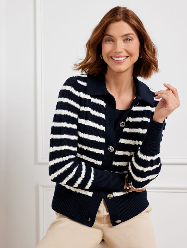 Cable Knit Collared Cardigan - Stripe