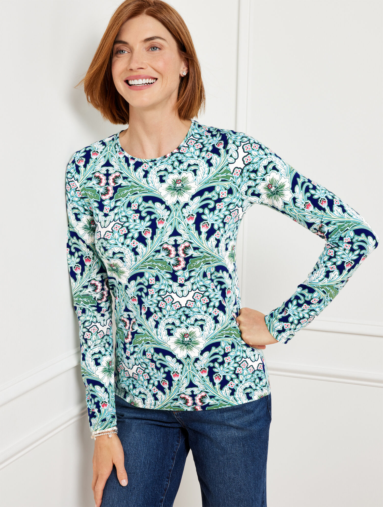 Talbots Blue Ruffled Tees Crewneck Tee - Swirl Floral | Talbots