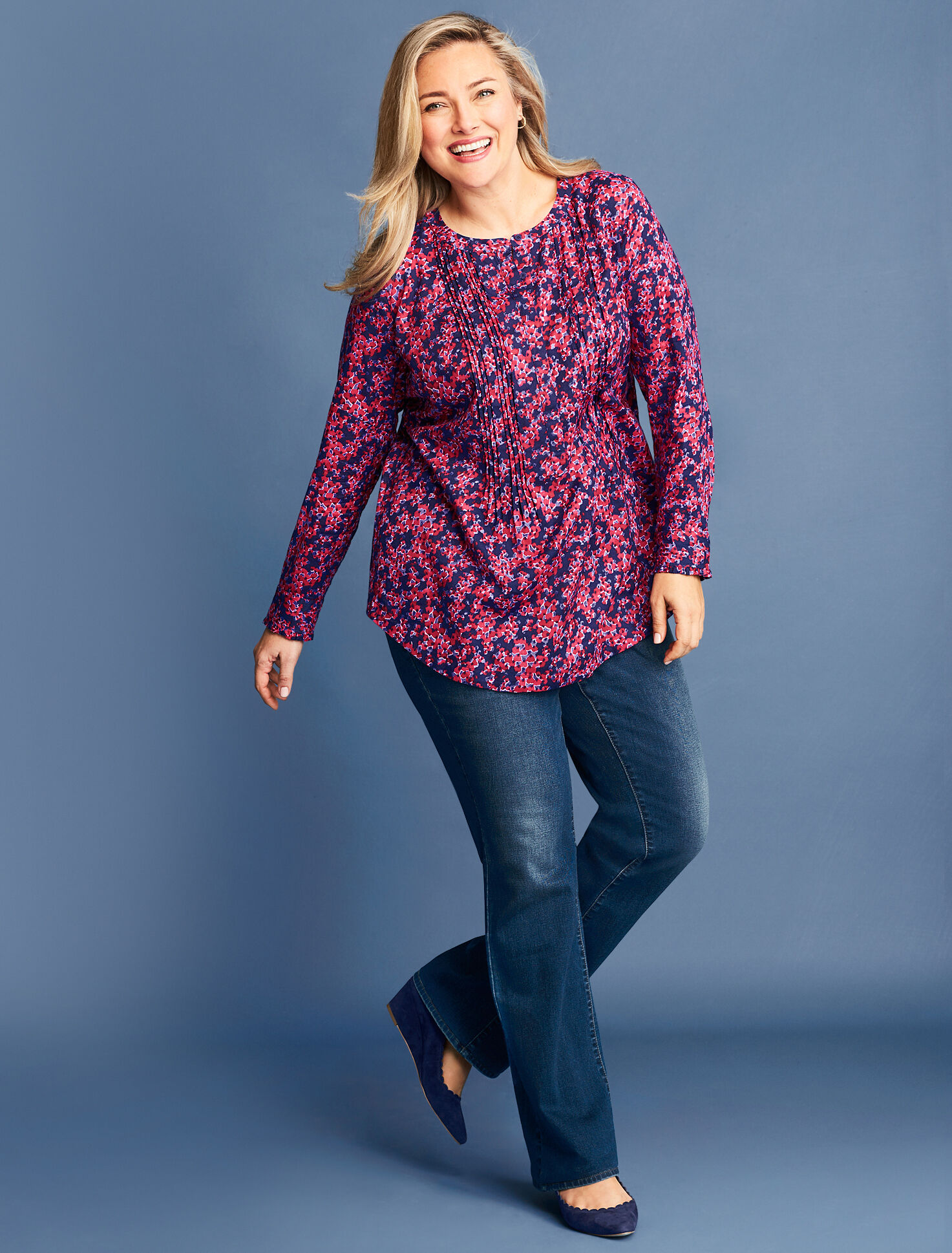 Plus Size Floral Cotton Pintuck Blouse | Talbots