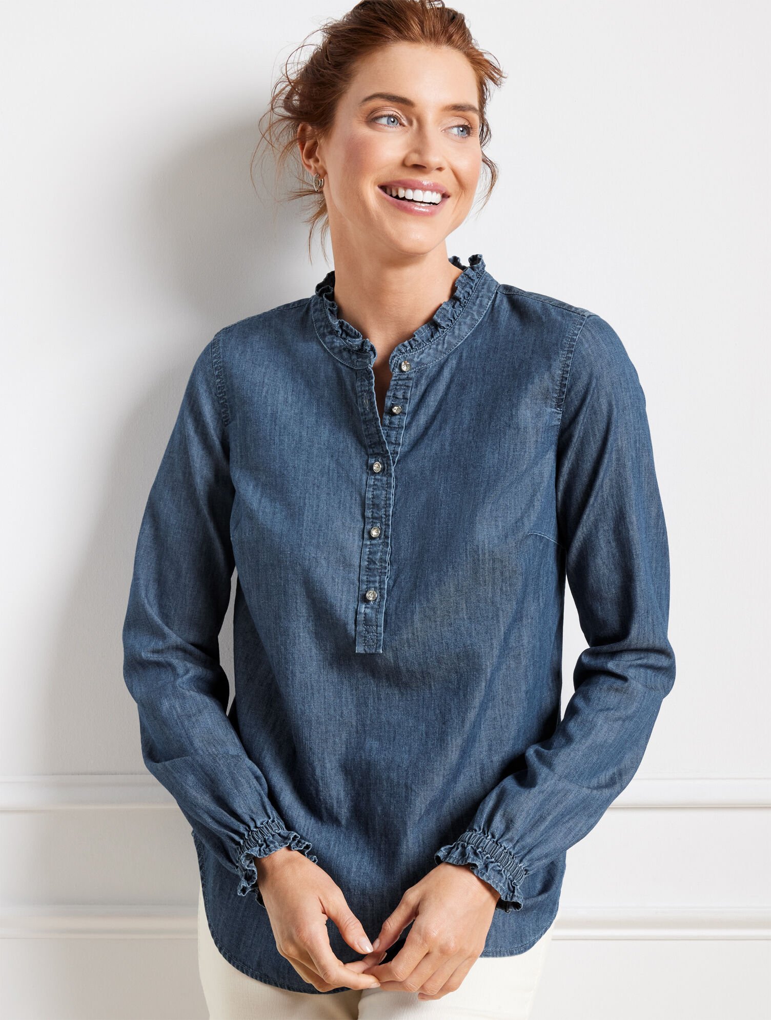 Ruffle Neck Denim Popover Talbots
