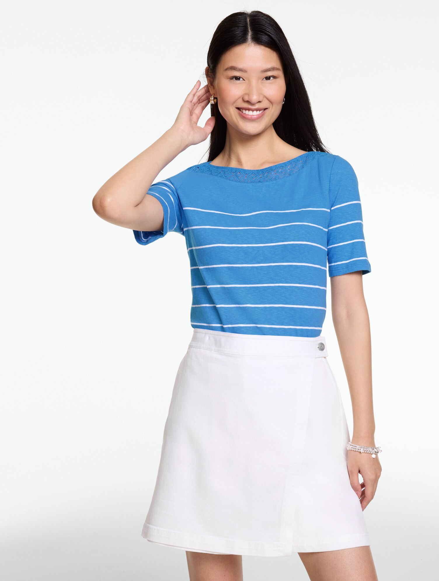 Crochet Trim Bateau Neck Tee - Stripe
