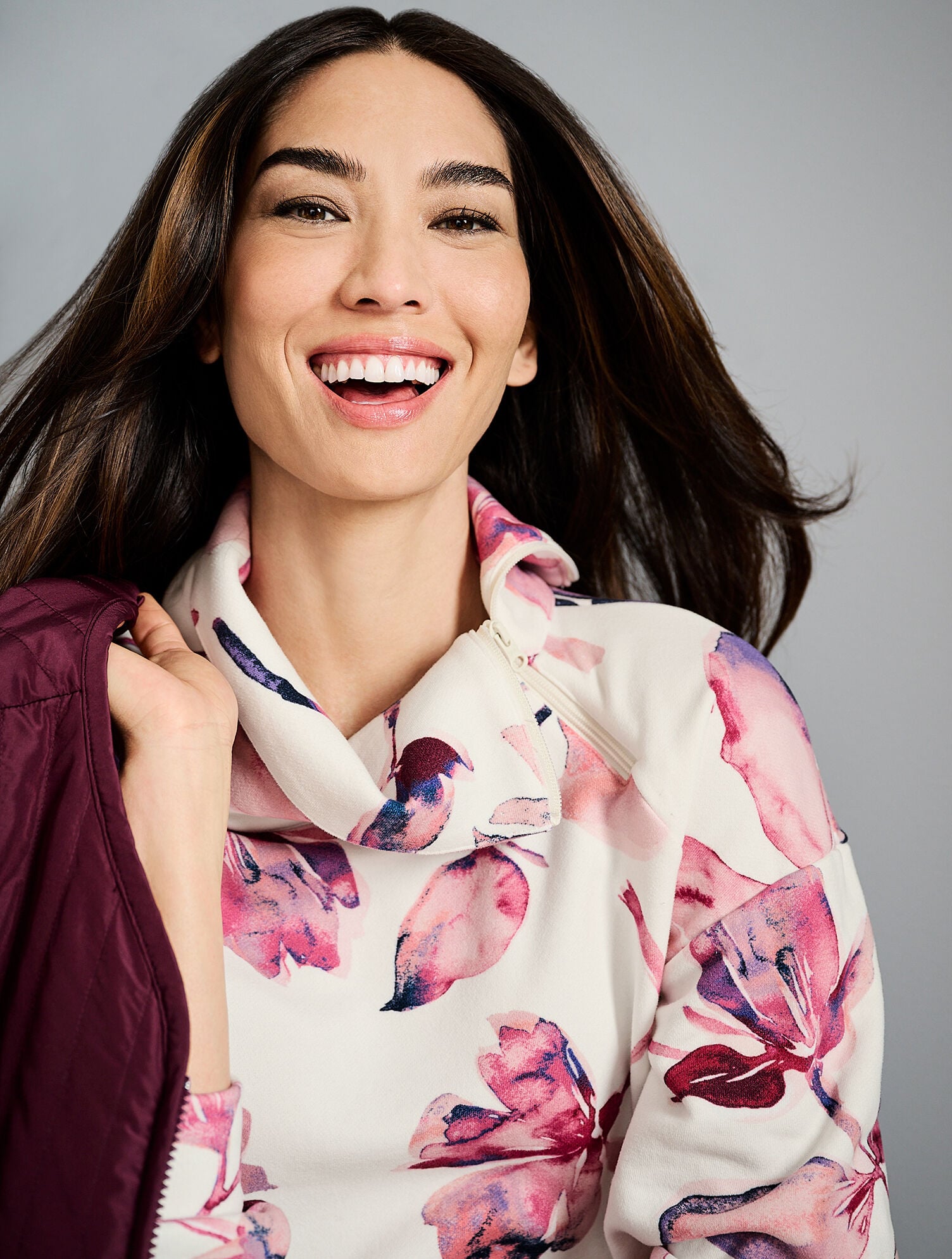 Cozy Fleece Asymmetrical Zip Pullover - Brushed Floral
