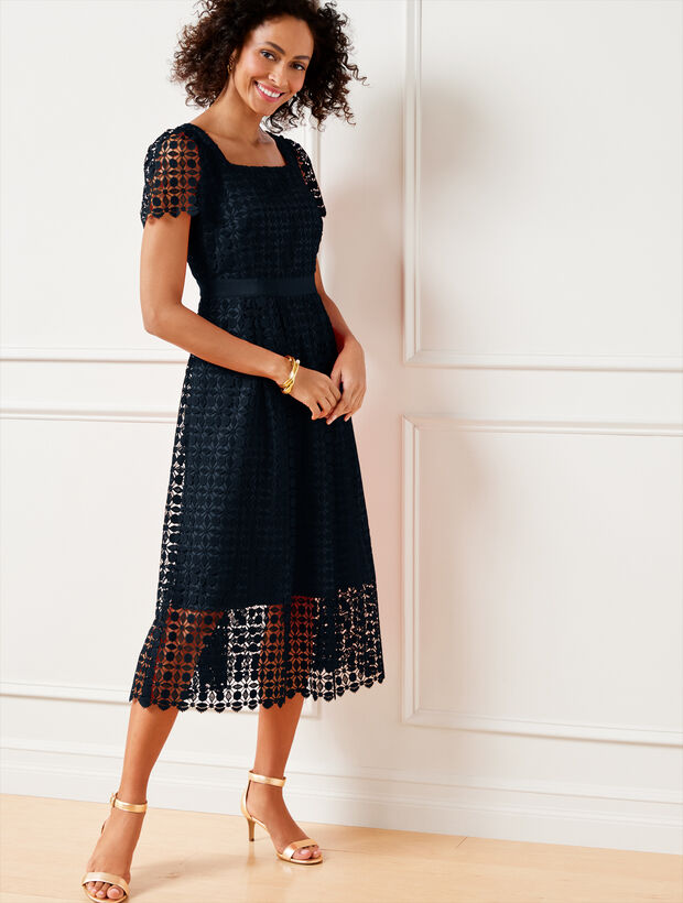 T I A N A B. Women's Puff Print Lace Fit & Flare Dress - V-Back Midi