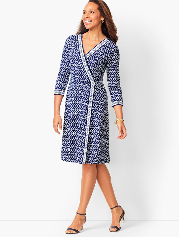 Knit Jersey Faux-Wrap Dress - Geo Print 