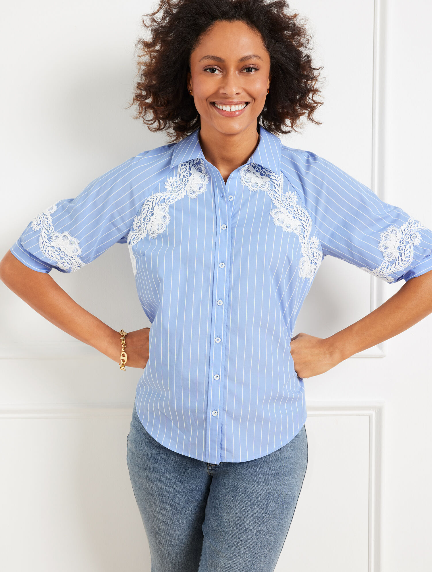 Lace Trim Poplin Shirt - Crisp Stripe | Talbots