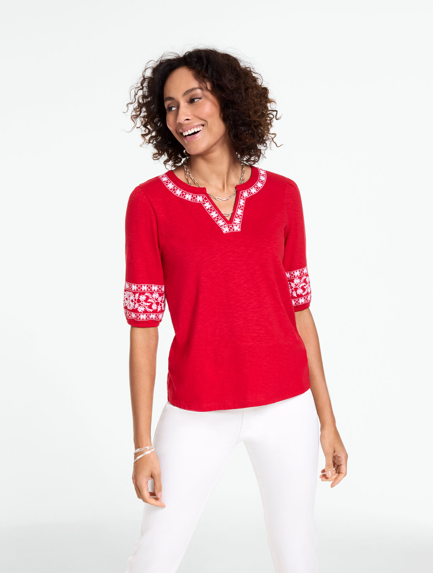 Embroidered Split Neck Top