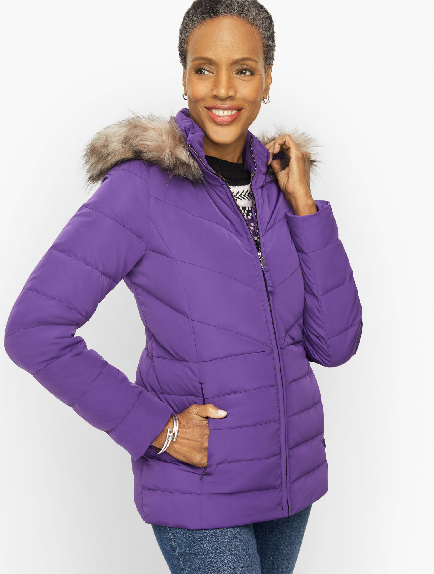 Faux Fur Hooded Short Down Puffer Coat | Talbots