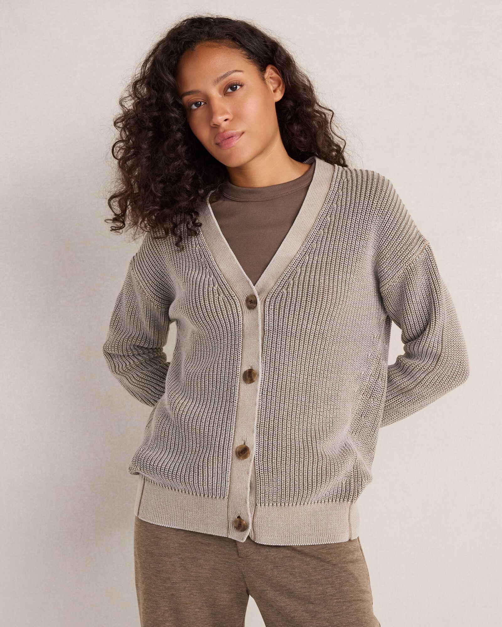 Garment-Dyed Organic Cotton Shaker Stitch Cardigan