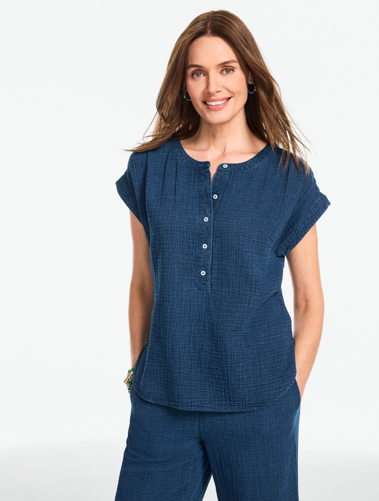 Gauze Band Collar Popover - Indigo