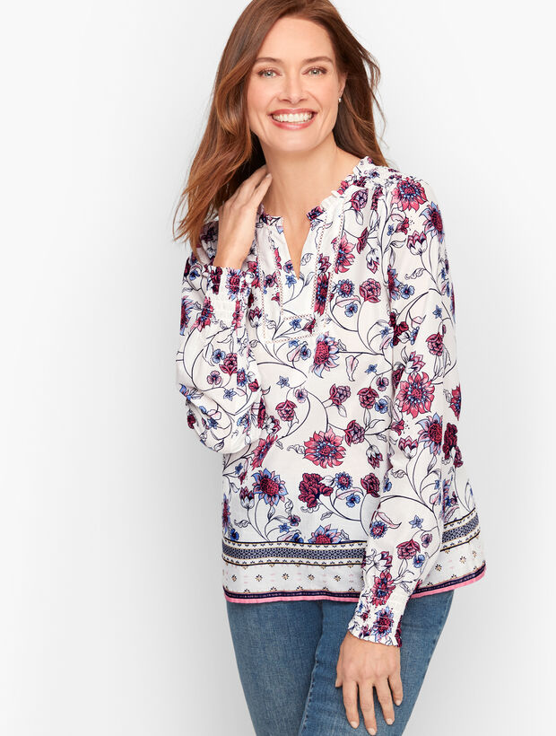 Smocked Shoulder Top - Floral Vines