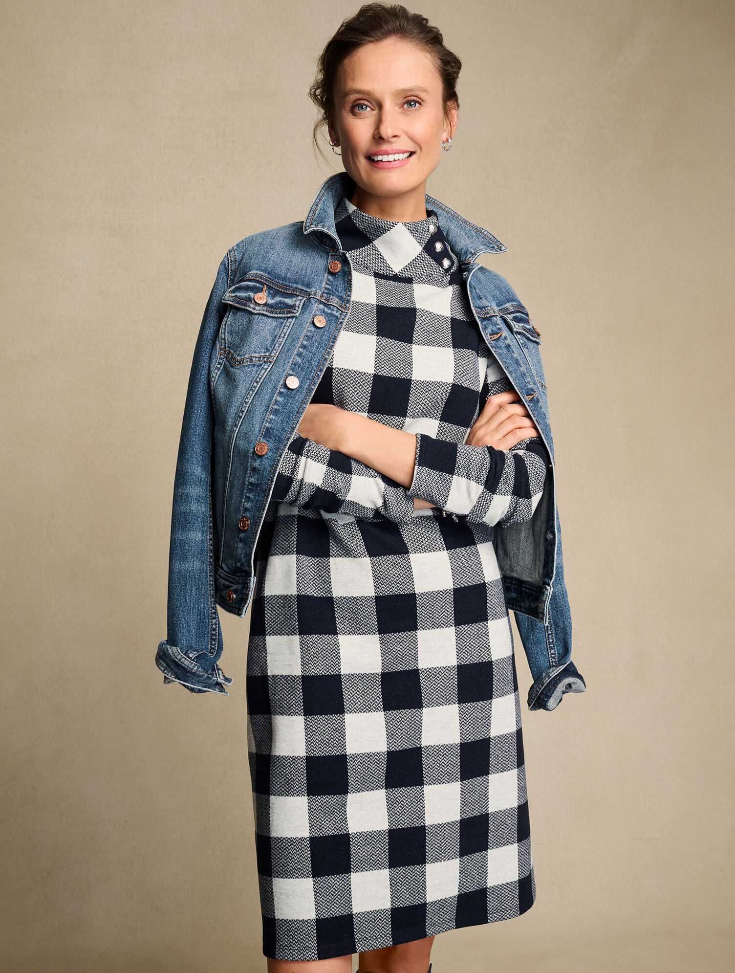 Side Button Mockneck Knit Dress - Buffalo Check