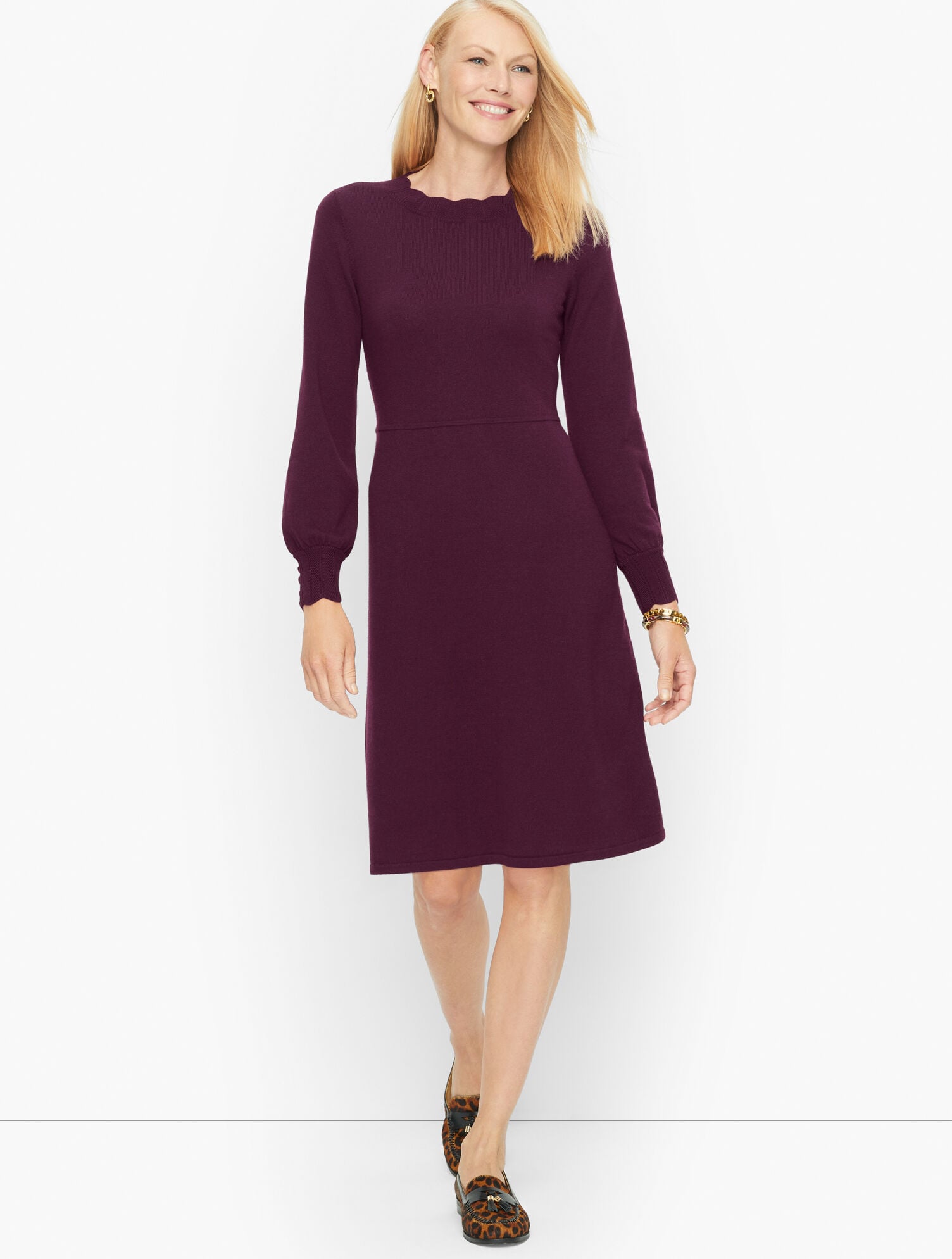 Pointelle Detail Merino Wool A-Line Dress