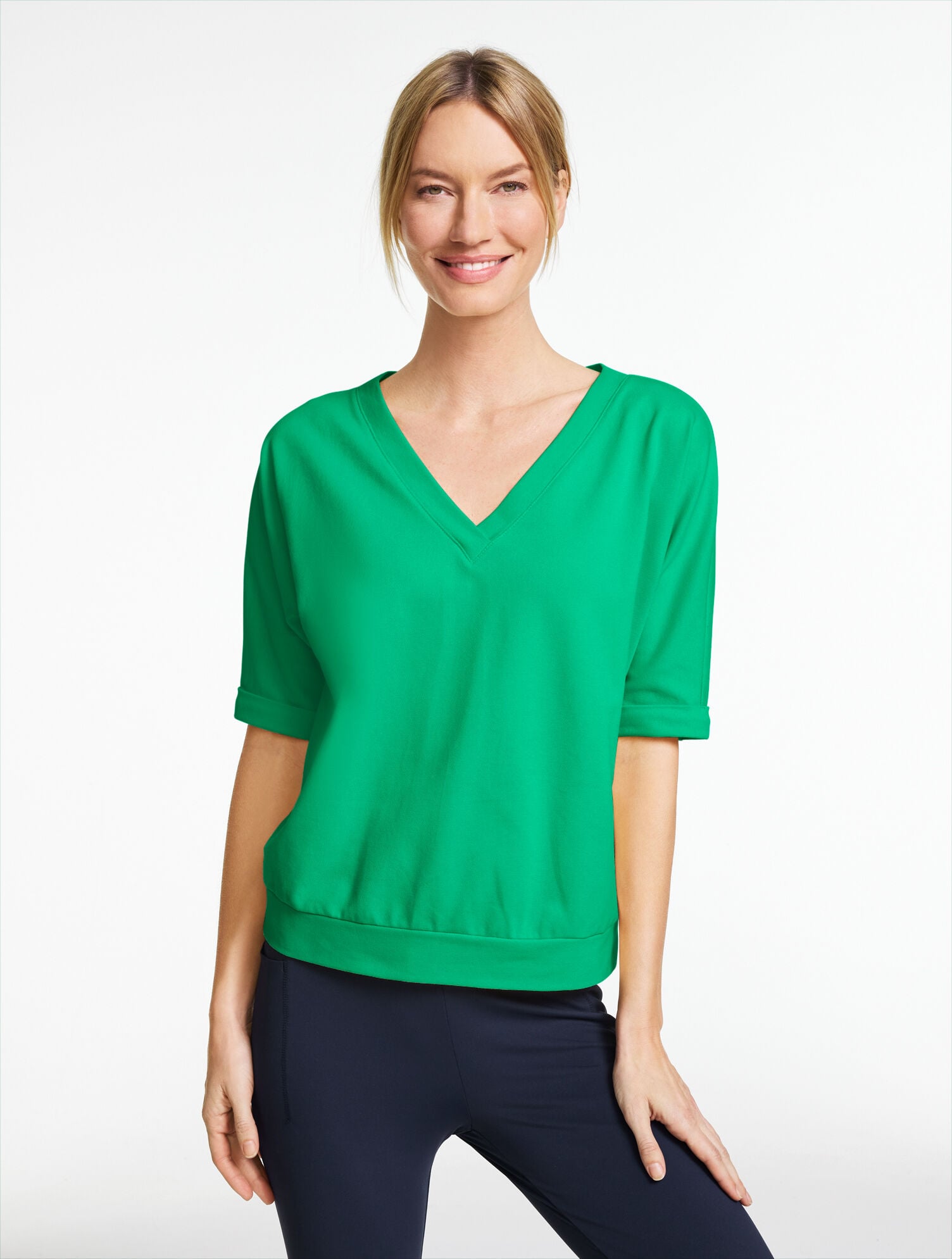 Piqu&eacute; Elbow Sleeve V-Neck Tee