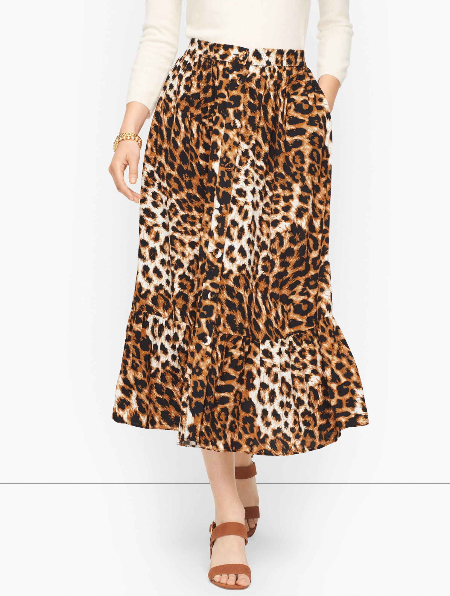 Button Front Midi Skirt - Animal Print