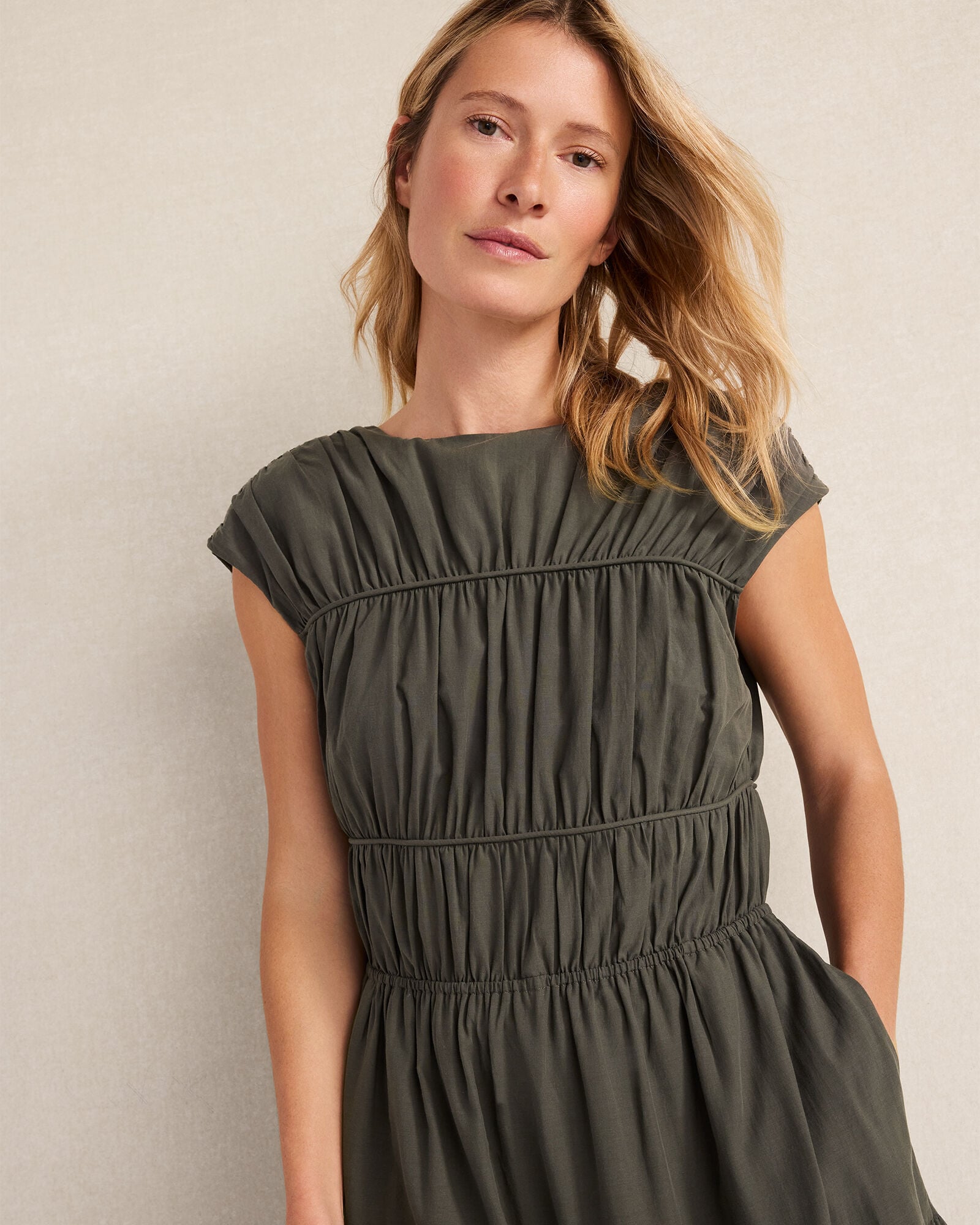 Cotton Voile Ruched Maxi Dress