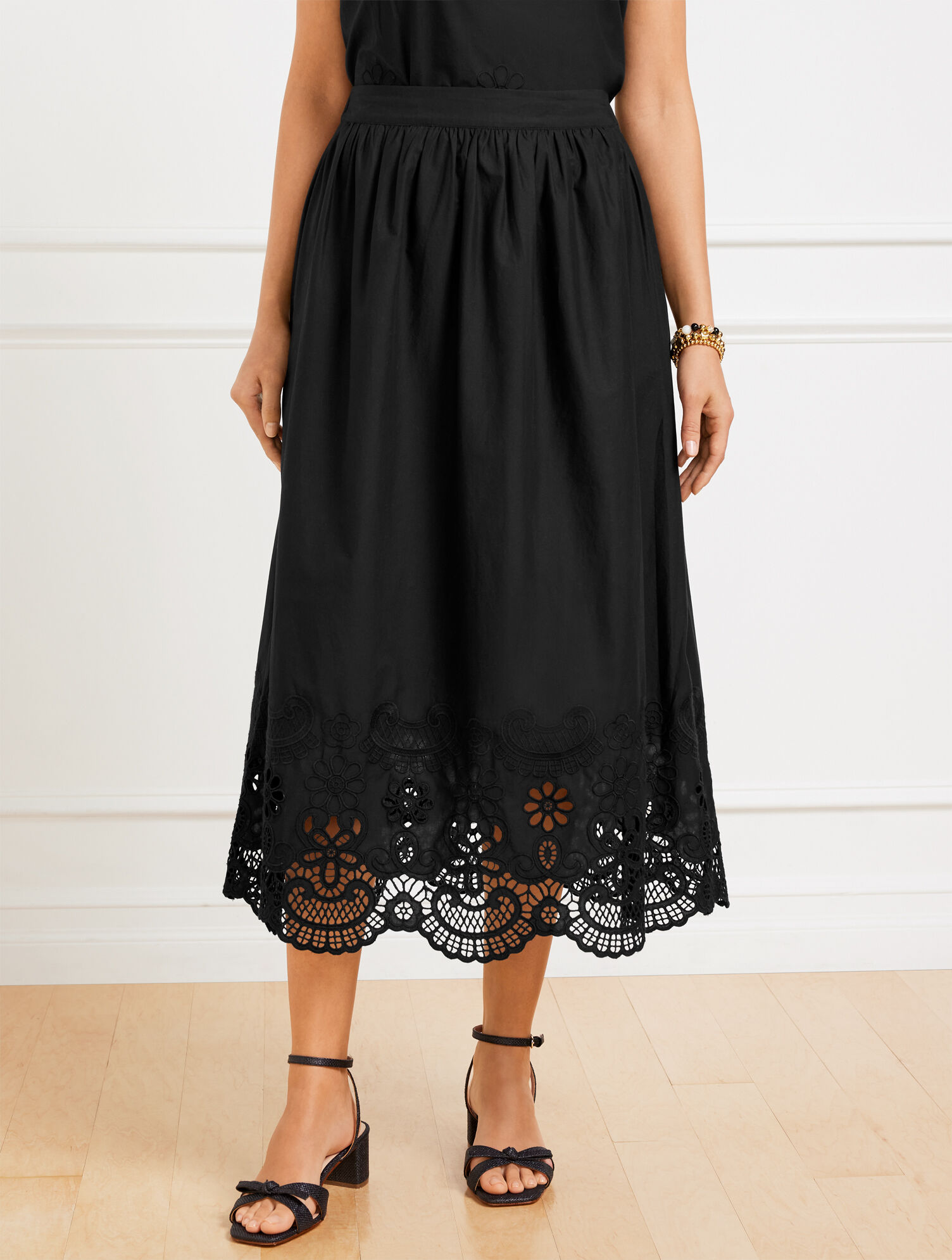 Embroidered Poplin Fit &amp; Flare Midi Skirt