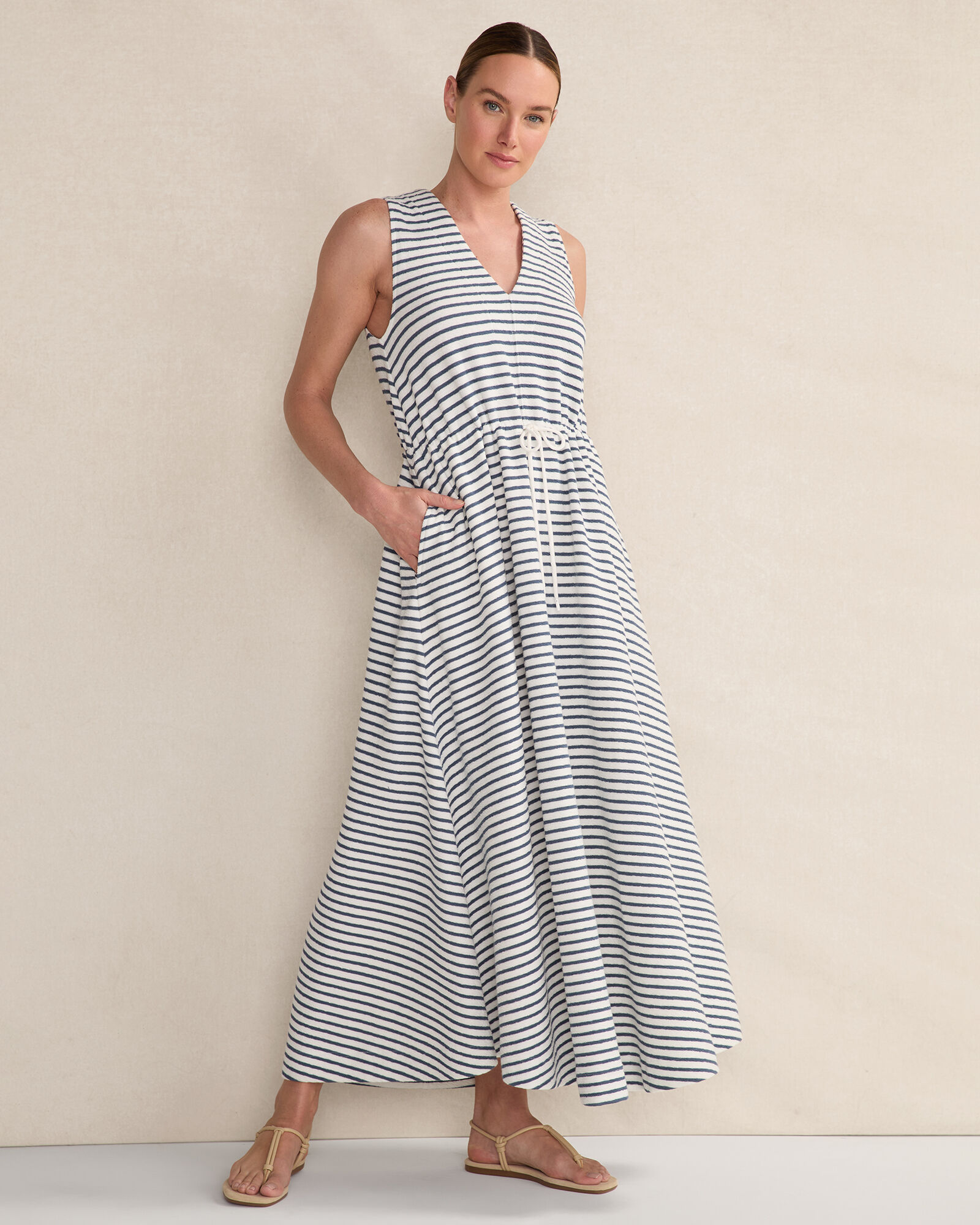 Cotton Blend Textured Stripe Midi Dress