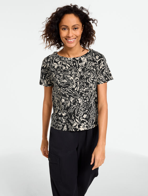 Button Back V-Neck Slub Tee - Garden Floral