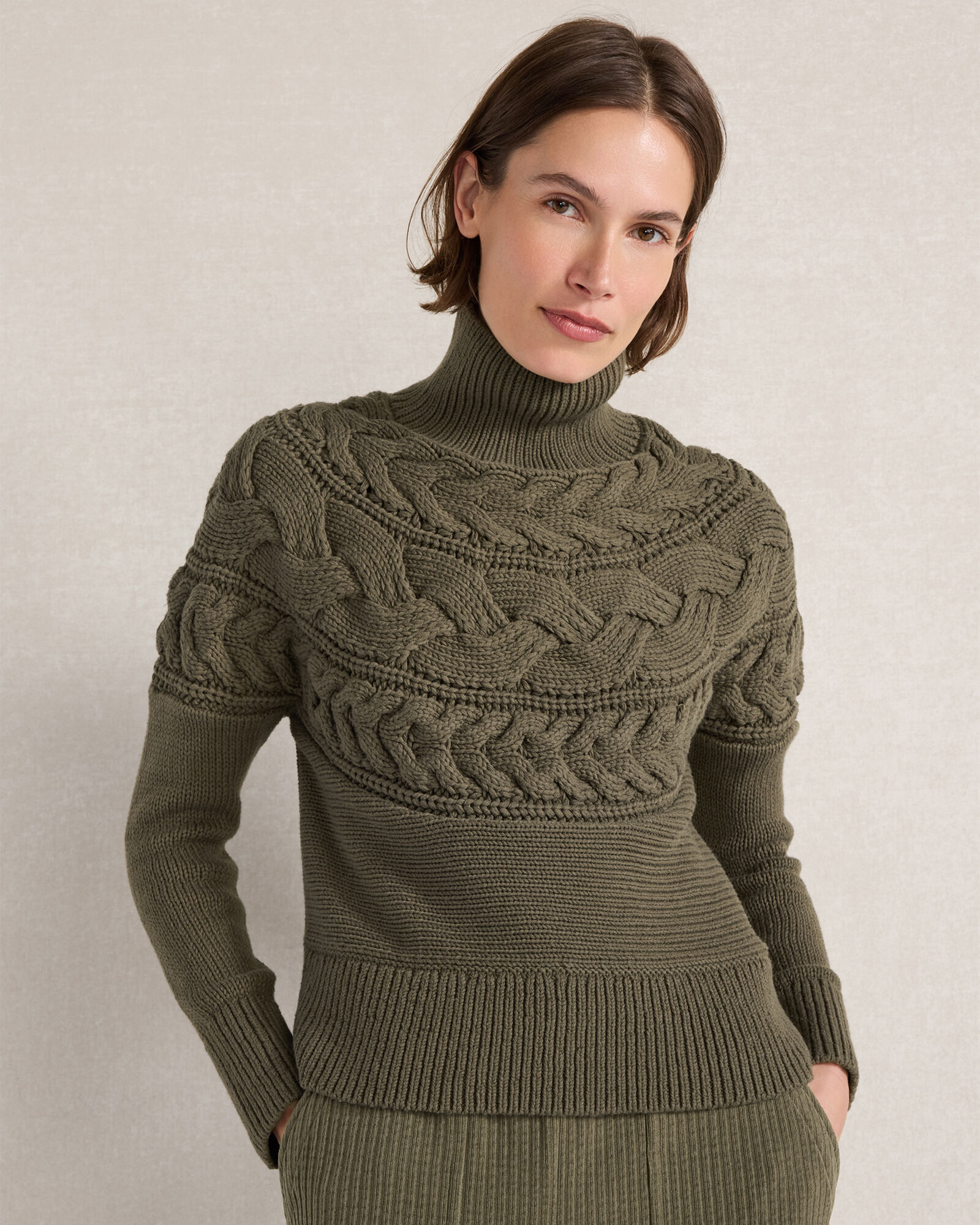 Cotton Blend Cable Mockneck Sweater