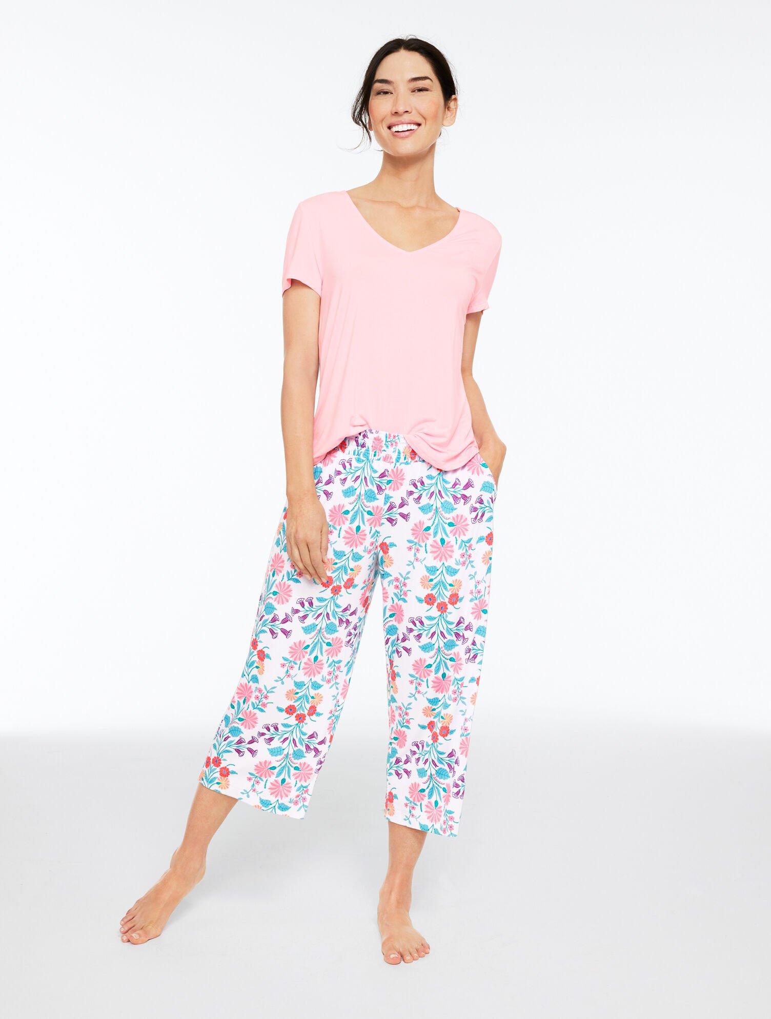Talbots x Soma Cool Nights Short Sleeve &amp; Crop Pant Pajama Set - Ditsy Vines