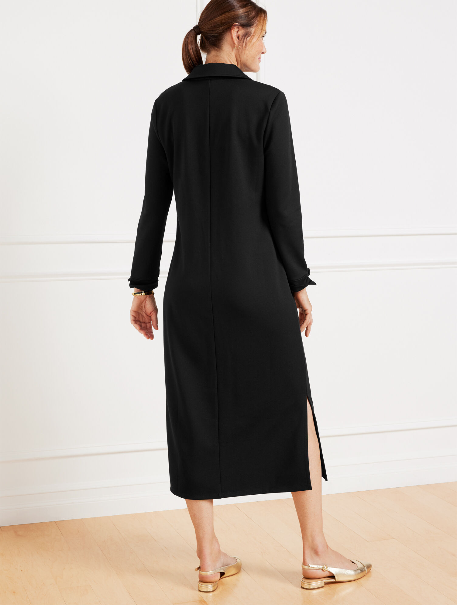 knee length dresses for ladies Hope & Henry Women's Organic Short Sleeve Knit Tie Midi Dress - Black Side-Tie main image 1