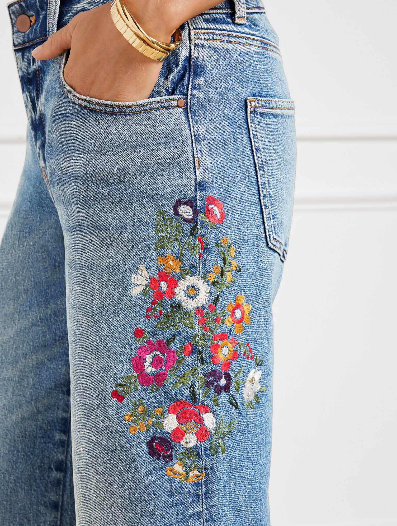 Embroidered Wide Straight Ankle Cuff Jeans - Sloane Wash  display picture 1