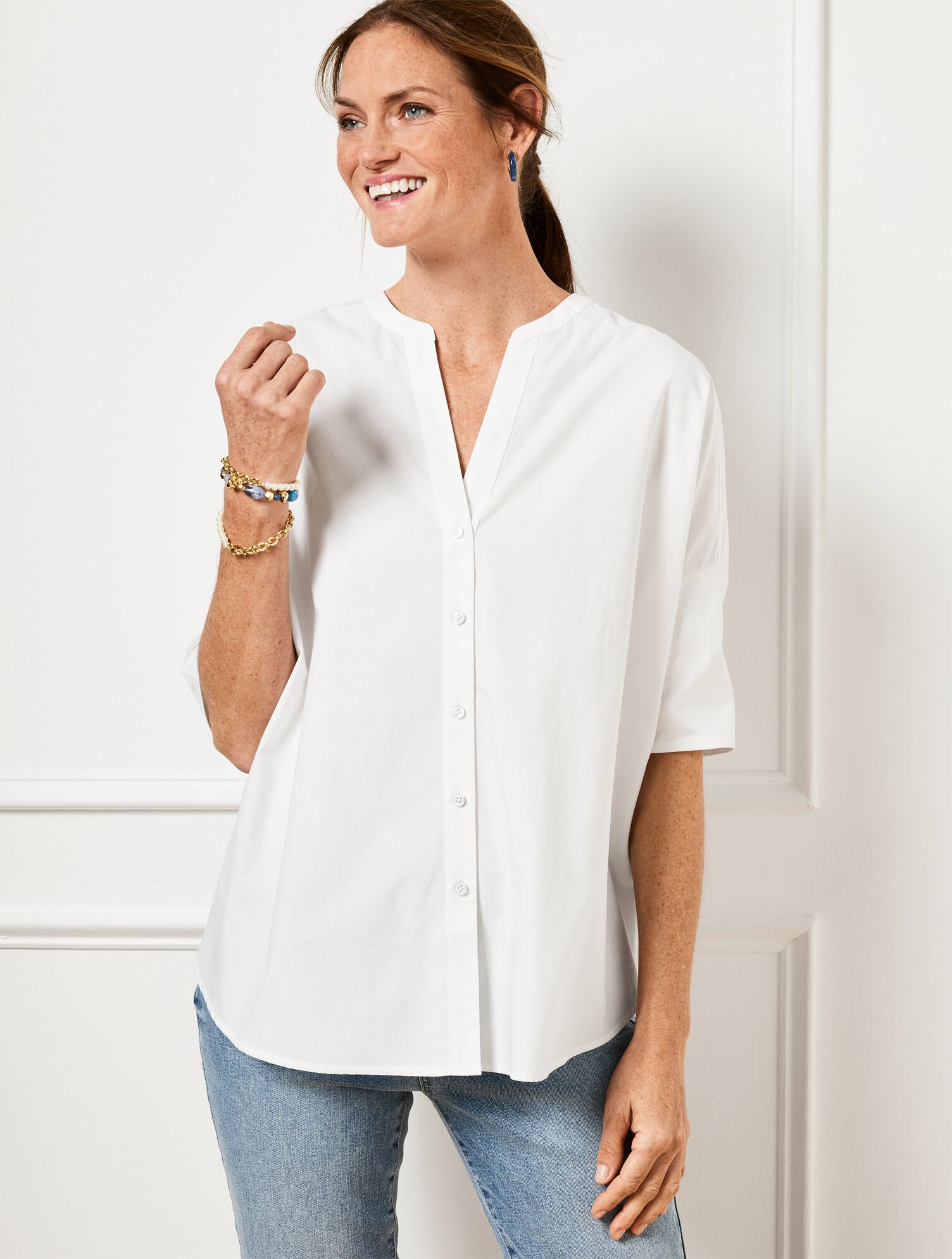 Band Collar Button Front Poplin Shirt Talbots