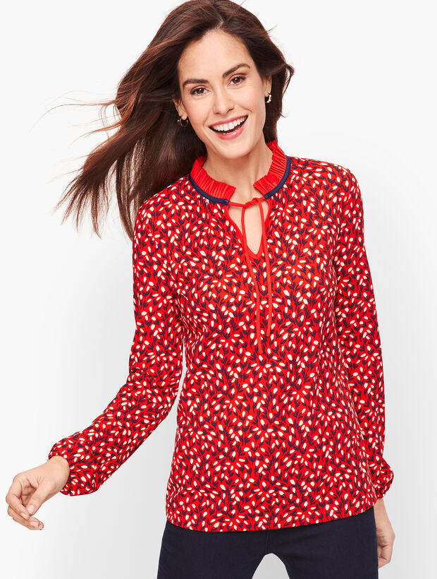 Pleated Tie Neck Top - Floral 