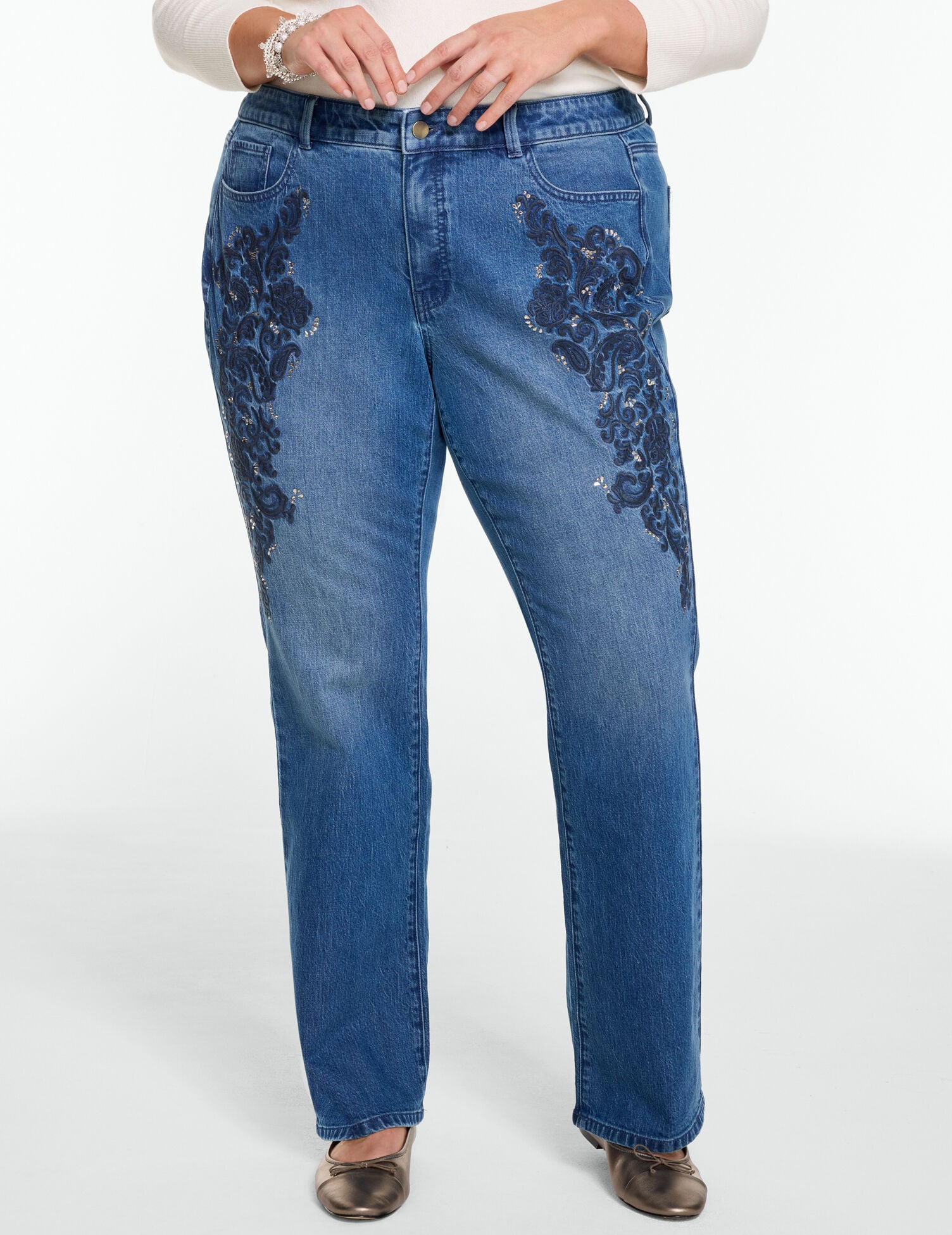 Relaxed Bootcut Rhinestone Embroidered Jeans - Medium Wash