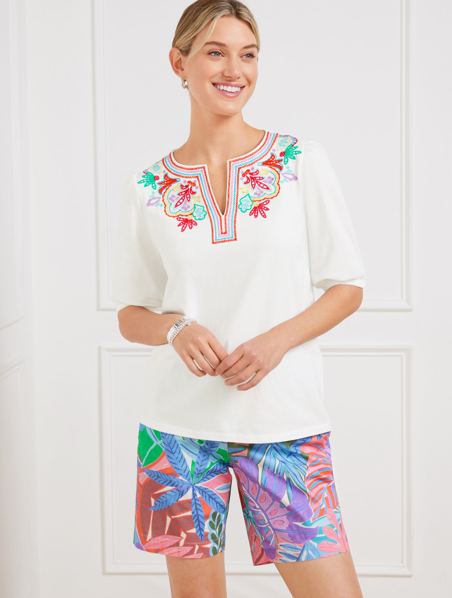 Embroidered Split Neck Top