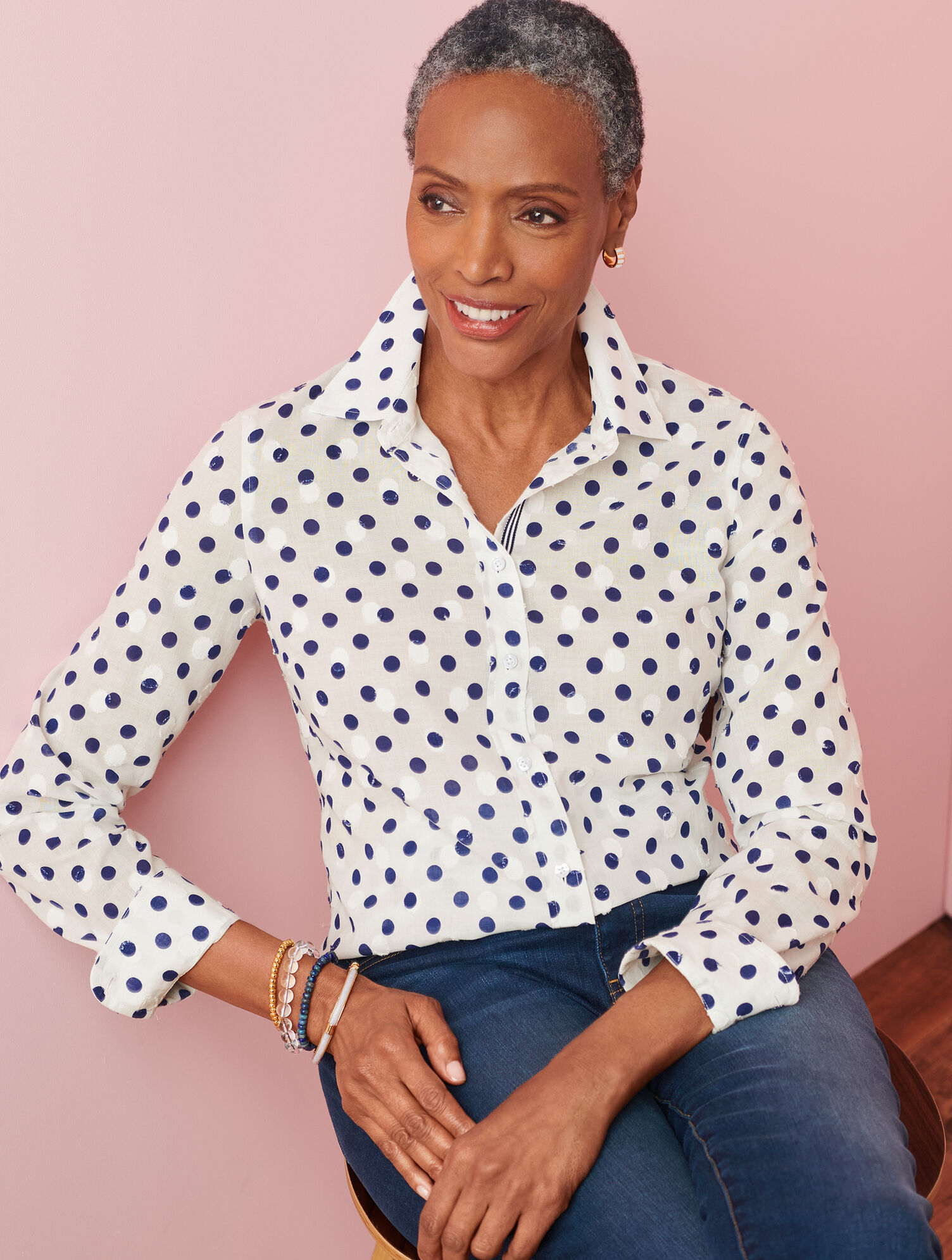 Cotton Button Front Shirt - Polka Dot | Talbots